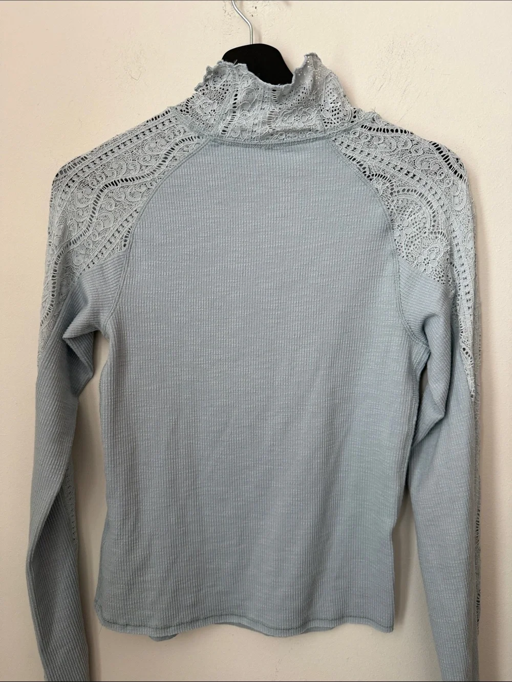 Free People Light Blue Lace-Trim Mock Neck Long Sleeve Top Size M